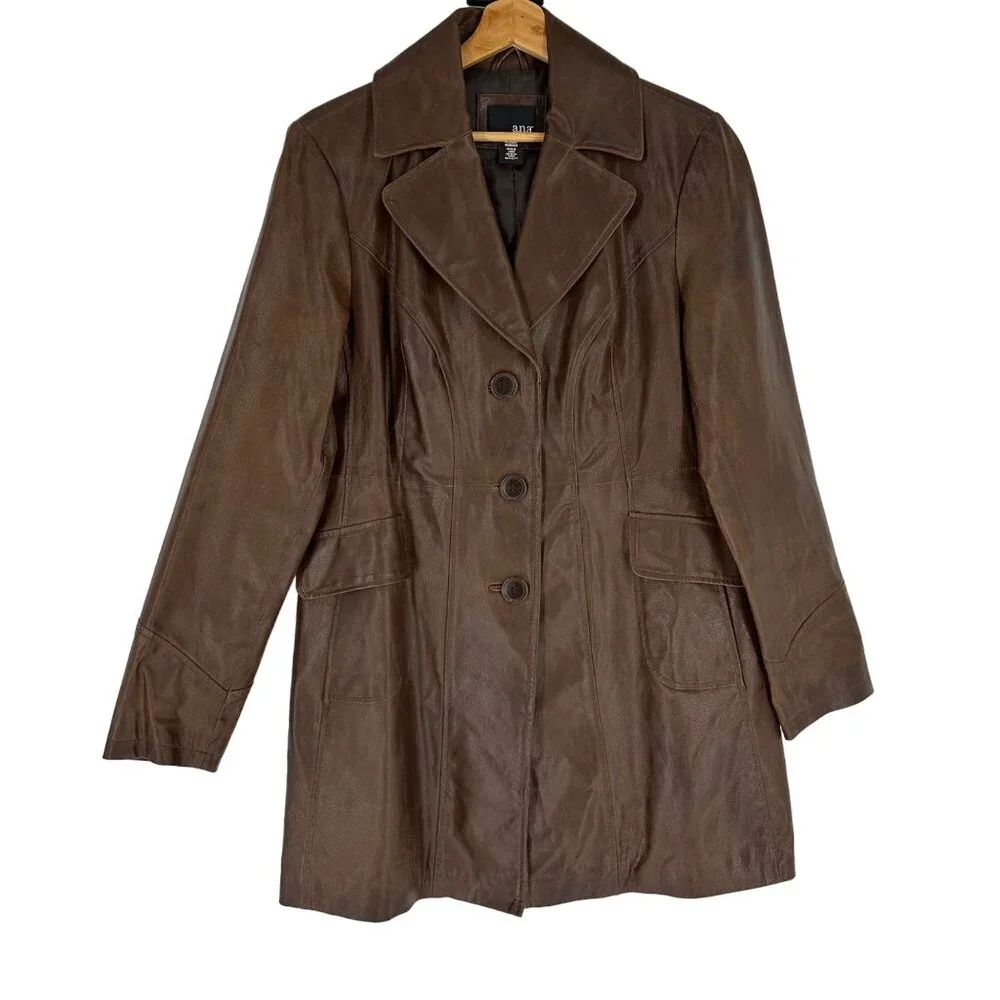 A.N.A Vintage Chocolate Brown Genuine Leather Button Front Mid Length Coat Sz M - Picture 1 of 7